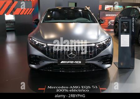 Barcelona, Spain - May 14, 2023: Mercedes-AMG EQS 53 on display at Automobile Barcelona 2023 in Barcelona, Spain. Stock Photo