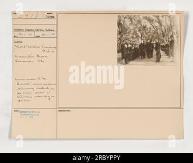 Naval Aviation Training Station in Warrington Beach, Pensacola, Florida. Commander F.M. Bennett, the commandant, is reviewing students of the aviation school during a Saturday morning inspection. The photo was taken by Signal Corps, U.S.A. on February 2, 1918. It was released by W.O.D. to Photo Div., 8. G. Stock Photo