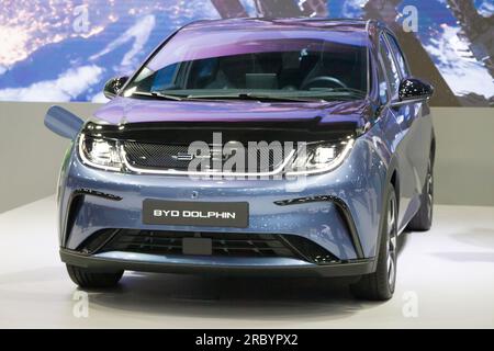 Barcelona, Spain - May 14, 2023: BYD Dolphin on display at Automobile Barcelona 2023 in Barcelona, Spain. Stock Photo