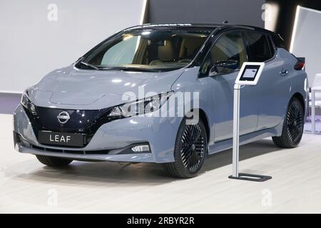 Barcelona, Spain - May 14, 2023: Nissan Leaf Tekna Auto on display at Automobile Barcelona 2023 in Barcelona, Spain. Stock Photo