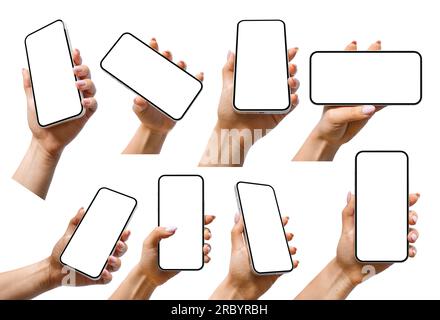 A set including a woman hand holding a generic modern smartphone with a blank screen in various positions, comprising perspective, vertical, and horiz Stock Photo