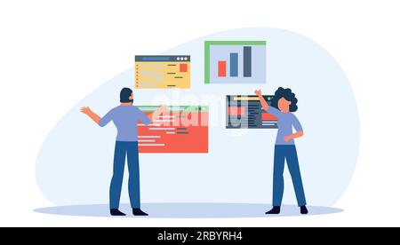 People analysis data commerce. Vector employee man and woman with computer and bar. Business illustration concept character teamwork office background Stock Vector