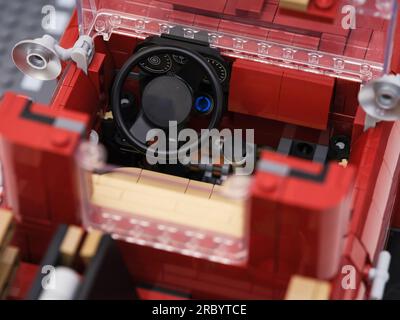 Tambov, Russian Federation - January 03, 2022 A steering wheel in interior of a Lego Pickup Truck Stock Photo