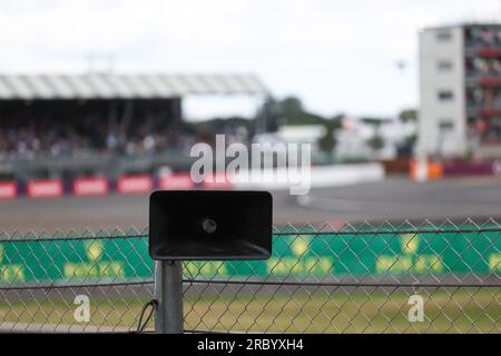 A external weatherproof stadium announcement and commentary speaker at Silverstone Grand Prix circuit  during the FORMULA 1 ARAMCO BRITISH GRAND PRIX Stock Photo