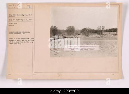 Constructional progress at Camp Humphreys, Virginia. This photo shows the original camp site of the 102nd Engineers, located at Belvoir. The panorama captures the shore at the end of the dock. Taken on May 27, 1918, by Lt. E.M. deBerri of the Signal Reserve Corps. Photo number 9891. Stock Photo