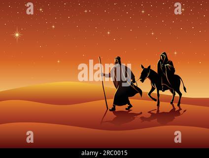 Biblical vector illustration series. Mary and Joseph, journey to Bethlehem, for Christmas theme Stock Vector