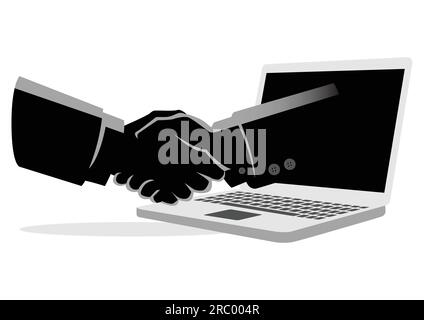 Business concept vector illustration of a businessman shake hands with a hand comes out from a lap top computer Stock Vector