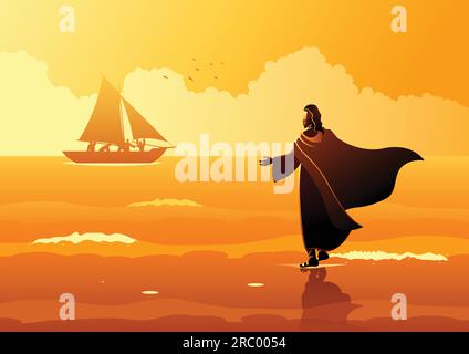 Biblical vector illustration series. Jesus walking on water Stock Vector