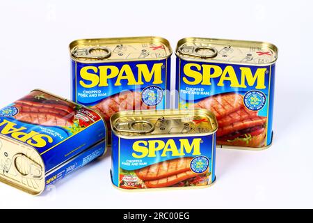 Tins of Hormel SPAM Chopped Pork and Ham canned meat Stock Photo