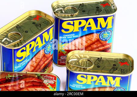 Tins of Hormel SPAM Chopped Pork and Ham canned meat Stock Photo