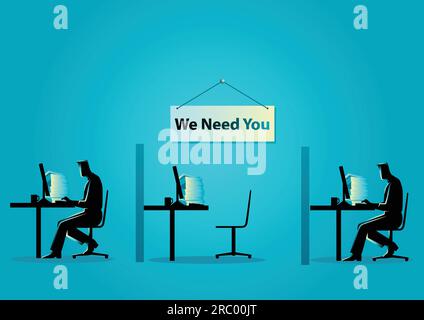 Busines concept vector illustration of two people working on the computers with one empty desk. Job vacancy, new recruitment, trainee, occupation, job Stock Vector