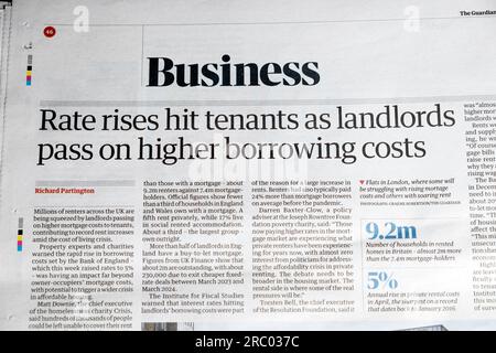 'Rate rises hit tenants as landlords pass on higher borrowing costs' Guardian Business newspaper headline cost of living crisis 25 June 2023 London UK Stock Photo