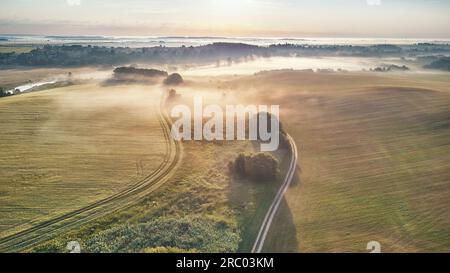 Aerial view of morning rural countryside. Agriculture green fields, with winding dirt road cutting through them. Fog and sunlight, creating serene mys Stock Photo