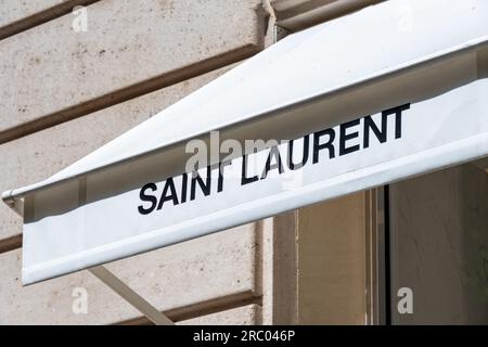 Awning of a Saint Laurent (also known as YSL) store in the Champs-Elysees district of Paris, France Stock Photo