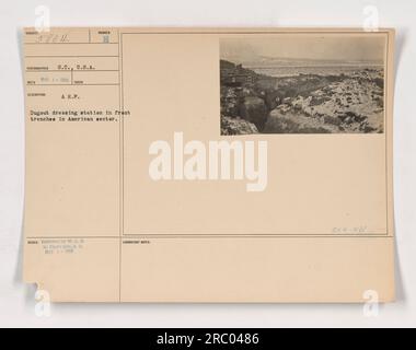 A first aid station in the trenches, American sector, World War I. This photograph, taken by photographer S.C., shows a dugout dressing station in the front trenches. It was released by the W.O.D. to the Photo Div. on March 1, 1918. Stock Photo