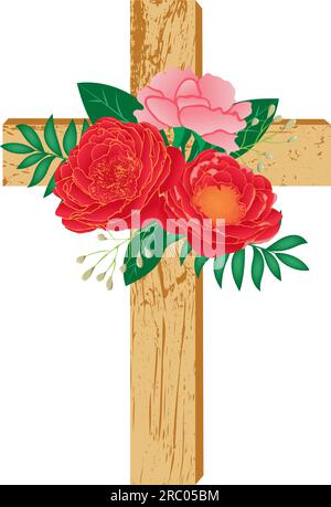 Baptism cross with red flowers. Wooden cross decorated with flowers and leaves. Vector illustration. Stock Vector