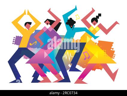 Two dancing couples, wild crazy dance party, cartoon. Abstract stylized Illustration of disco dancers. Isolated on white background. Vector available Stock Vector