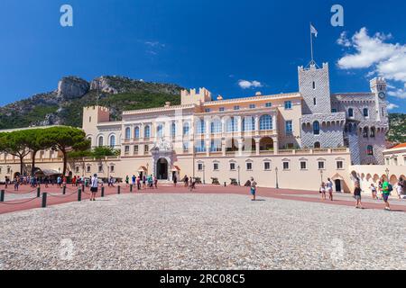 Monte Carlo, Monaco - August 15, 2018: The Prince Palace of Monaco in Monaco-Ville, tourists walk the street Stock Photo