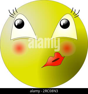 Vector Kissing female emoticon with red lips isolated on white background - kiss emoticon illustration. Stock Vector