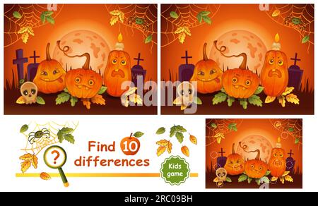 Cute Halloween holiday pumpkin light lanterns, find 10 difference education logical children game. Monster characters, skull on night cemetery vector Stock Vector