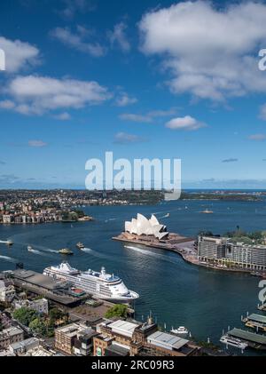 Aerial view Sydney Harbour with Circular Quay, Opera House and cruise ship in foreground  Australia Stock Photo