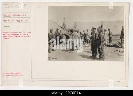 German prisoners prepare to take a bath after arriving in Saint Pierre des Corps, France. Photograph taken by Pvt. L.F. Goldshlag on October 15, 1918, during World War One. This photo is for official use only and not meant for publication. (Preparation, arrival, bath, prisoners, Saint Pierre des Corps, France, World War One) Stock Photo