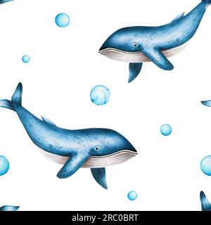 Watercolor seamless pattern with blue whales isolated on white background. Hand painting realistic Arctic and Antarctic ocean mammals. For designers, Stock Photo