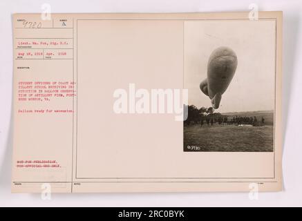 Student officers of the Coast Artillery School at Fortress Monroe, Virginia, receiving instruction in balloon observation of artillery fire. The photograph shows a balloon ready for ascension. The image was taken on April 18, 1918, by photographer Nunder A. It is marked as not for publication and for official use only. Stock Photo