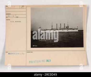 USS Brooklyn in the early 1900s. This image was taken by a photographer on December 12, 1910. It is a photograph of the USS Brooklyn, with the number A.U. issued and received from the C.P.I. Laboratory. The notes on the photograph state that it is for official use only. Stock Photo