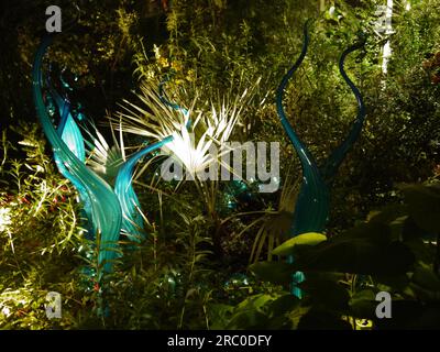 Turquoise Marlins and Floats, 2015, by Dale Chihuly - illuminated in the Temperate House as part of the Chihuly Nights exhibition at Kew Gardens, 2019 Stock Photo