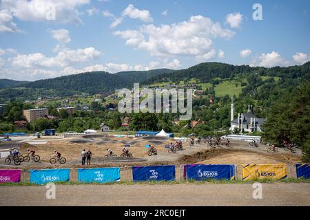 Leaders of elite women's race on pumptrack with a view on Krynica-Zdrój on 2023 UEC MTB Elite European Championships - European Games - Cracow/Kraków Stock Photo