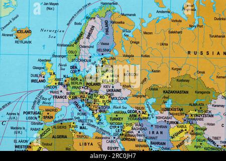 world map with europe continent, countries and oceans Stock Photo
