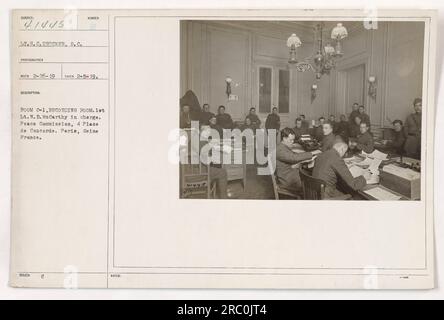 Lt. H.C. Drucker, S.C., photographer, captured this image on February 5, 1919. The photograph shows recording room number POOM C-1, with Lt. W.B. McCarthy in charge. The location of the room is the Peace Commission at 4 Place de Concorde, Paris, Seine, France. Notes indicate that this photograph is issued with reference to C notes and number 41445. Stock Photo