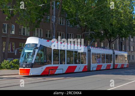 Tallinn, Estonia - June 16 2019: Tram heading to the city center. Stock Photo