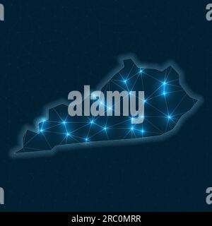 Kentucky network map. Abstract geometric map of the US state. Digital connections and telecommunication design. Glowing internet network. Stock Vector