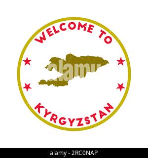 Welcome to Kyrgyzstan stamp. Grunge country round stamp with texture in Barberry color theme. Vintage style geometric Kyrgyzstan seal. Stylish vector Stock Vector