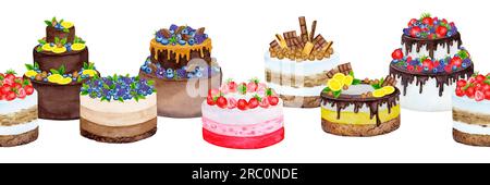 Seamless border of birthday cakes decorated with berries and fruits and chocolate. Wedding, birthday, anniversary design for greeting cards, invitatio Stock Photo