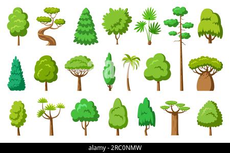 Flat tree set. Spruce maple baobab palm sequoia. Stylized eco plants side view. Dracaena willow cypress thuja pine oak poplar birch. Cartoon green trees forest. Aspen alder ash linden acacia chestnut Stock Vector
