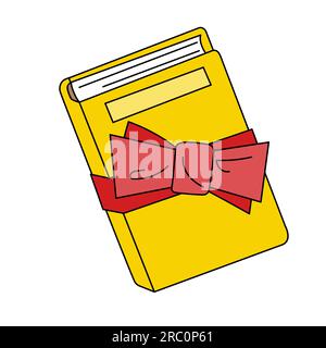 A new thick closed yellow book tied in wide red ribbon as a gift, white pages are seen from behind the cover. Single object, isolated design element, Stock Vector