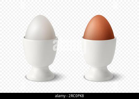 Vector 3d Realistic White and Brown Chicken Eggs in a White Ceramic, Porcelain Boiled Egg Cup Holder, Stand for Breakfast. Chicken Egg Icon, Isolated Stock Vector