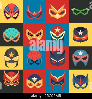 Vector Super Hero Masks Set in Flat Style. Face Character, Superhero Comic Book Mask Collection. Superhero Photo Props, Women and Men Masks, Carnival Stock Vector