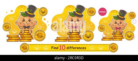 Find 10 differences education children game. Cute rich dumpling businessman, bun gentleman character sit on gold coin. Kid learning logic task. Vector Stock Vector