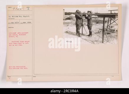 Officers' at the anti-aircraft gun school in Fortress Monroe, Virginia. Lt. William Fox of the Signal Corps is seen in the photo. The universal sight on the anti-aircraft gun can be moved both from right to left and up and down. This image was taken on April, 1918. (50 words) Stock Photo