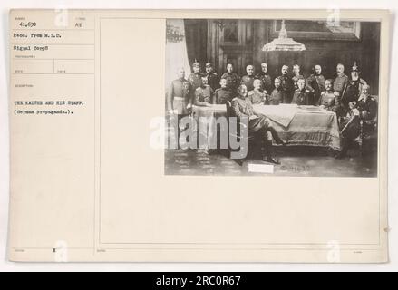 Caption: German propaganda image showing Kaiser Wilhelm II and his staff during World War I. This photograph was taken and issued by the M.I.D. Signal Corps, with the symbol AU. (Source: 111-SC-41630, Photographs of American Military Activities during World War I) Stock Photo