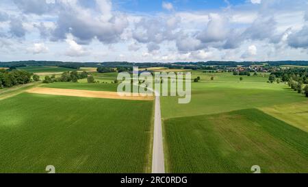 Country road traversing typical Bavarian agricultural landscape, Bavaria, Germany, Europe Stock Photo