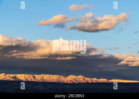 Snow-covered red rocks, buttes and mesas, near Sedona, AZ, USA, by Dominique Braud/Dembinsky Photo Assoc Stock Photo