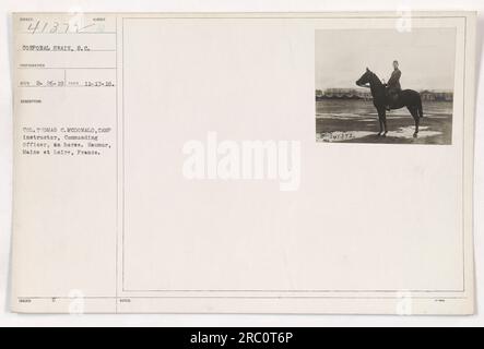 Col. Thomas C. McDonald, commanding officer and camp instructor, is seen riding on a horse in Saumur, Maine et Loire, France. This photograph was taken by Corporal Swain, S.C. photographer, on November 17, 1918. The photographer's number is 41372 and it was received on February 26, 1919. We have additional notes in 04/372. Stock Photo