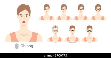 Set of types of glasses for Women oblong type faces fashion accessory illustration. Sunglass front view unisex silhouette style, flat rim spectacles eyeglasses, sketch style outline isolated on white Stock Vector