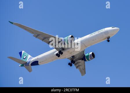 Lisbon, Portugal - July 12, 2023: Portuguese and Spanish charter company Iberojet air company with aircraft Airbus A330-900 approaching to land Stock Photo