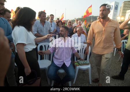 Malaga, Spain. 11th July, 2023. Spanish far-right party VOX leader Santiago Abascal, is seen sitting during an electoral rally ahead of July 23 general elections. The electoral polls give victory to the Popular Party but it would need the support of the far-right party VOX to be able to govern. (Photo by Jesus Merida/SOPA Images/Sipa USA) Credit: Sipa USA/Alamy Live News Stock Photo